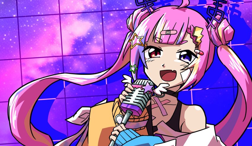 1girl, :d, ahoge, bandaid, bandaid_hair_ornament, bare_shoulders, black_choker, black_tank_top, blonde_hair, blue_eyes, blue_hair, blunt_bangs, braid, choker, chromashift, collarbone, colored_shadow, commentary, commission, crossed_bandaids, decora, double_bun, drop_shadow, english_commentary, fang, floating_hair, gauze, hair_bun, hair_ornament, hands_up, heterochromia, highres, holding, holding_microphone_stand, jacket, light_blue_hair, lightning_bolt, lightning_bolt_hair_ornament, lightning_bolt_symbol, long_hair, long_sleeves, looking_at_viewer, microphone_stand, multicolored_hair, multicolored_jacket, music, open_mouth, pill_hair_ornament, pink_hair, purple_background, purple_sky, radio_antenna, red_eyes, riro_ron, shadow, short_eyebrows, sidelocks, singing, single_braid, skeb_commission, skin_fang, sky, sleeves_past_wrists, smile, solo, star_(sky), star_(symbol), star_hair_ornament, star_in_eye, star_sticker, starry_sky, sticker, sticker_on_face, streaked_hair, symbol_in_eye, tank_top, tnnmyc2, tongue, twintails, upper_body, virtual_youtuber