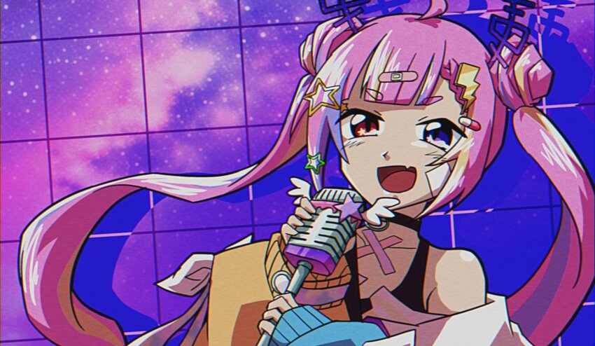 1990s_(style), 1girl, :d, ahoge, bandaid, bandaid_hair_ornament, bare_shoulders, black_choker, black_tank_top, blonde_hair, blue_eyes, blue_hair, blunt_bangs, braid, choker, chromashift, collarbone, colored_shadow, commentary, commission, crossed_bandaids, decora, double_bun, drop_shadow, english_commentary, fang, film_grain, floating_hair, gauze, hair_bun, hair_ornament, hands_up, heterochromia, highres, holding, holding_microphone_stand, jacket, light_blue_hair, lightning_bolt, lightning_bolt_hair_ornament, lightning_bolt_symbol, long_hair, long_sleeves, looking_at_viewer, microphone_stand, multicolored_hair, multicolored_jacket, music, open_mouth, pill_hair_ornament, pink_hair, purple_background, purple_sky, radio_antenna, red_eyes, retro_artstyle, riro_ron, shadow, short_eyebrows, sidelocks, singing, single_braid, skeb_commission, skin_fang, sky, sleeves_past_wrists, smile, solo, star_(sky), star_(symbol), star_hair_ornament, star_in_eye, star_sticker, starry_sky, sticker, sticker_on_face, streaked_hair, symbol_in_eye, tank_top, tnnmyc2, tongue, twintails, upper_body, virtual_youtuber