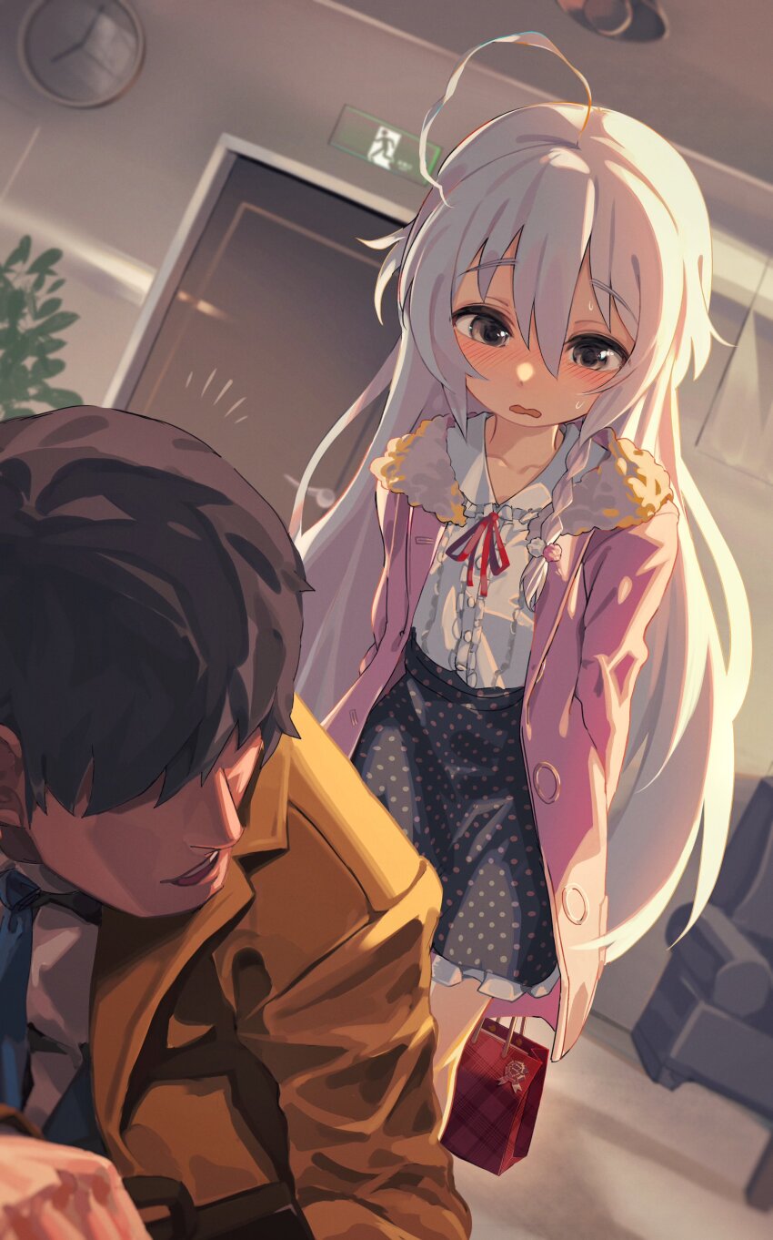 1boy, 1girl, absurdres, ahoge, blush, braid, clock, coat