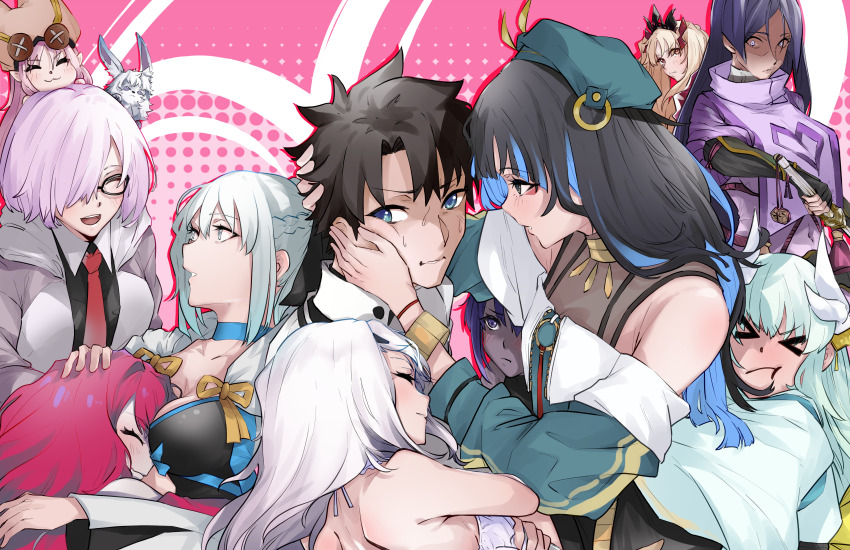>_<, 1boy, 6+girls, absurdres, affectionate_harem, armor, baobhan_sith_(fate), baobhan_sith_(first_ascension)_(fate), bare_shoulders, beret, black_bow, black_dress, black_gloves, black_hair, black_shorts, blonde_hair, blue_eyes, blue_hair, blush, bodysuit, bow, bracelet, braid, breasts, button_eyes, buttons, choker, cleavage, closed_eyes, collarbone, colored_inner_hair, dark-skinned_female, dark_skin, dragon_girl, dragon_horns, dress, earrings, elbow_gloves, ereshkigal_(fate), eyeliner, fate/grand_order, fate/prototype, fate/prototype:_fragments_of_blue_and_silver, fate_(series), fingerless_gloves, forked_eyebrows, fou_(fate), fujimaru_ritsuka_(male), fujimaru_ritsuka_(male)_(decisive_battle_chaldea_uniform), glasses, gloves, green_hair, green_headwear, green_jacket, grey_eyes, grey_hair, grey_jacket, habetrot_(fate), hair_bow, hair_over_one_eye, hair_ribbon, half_up_braid, hassan_of_serenity_(fate), hat, highres, hoop_earrings, horns, hug, jacket, japanese_armor, jewelry, katana, kiyohime_(fate), kote, large_breasts, light_purple_hair, long_hair, long_sleeves, makeup, mash_kyrielight, medium_breasts, melusine_(fate), minamoto_no_raikou_(fate), minamoto_no_raikou_(first_ascension)_(fate), morgan_le_fay_(fate), morgan_le_fay_(second_ascension)_(fate), multicolored_hair, multiple_girls, multiple_horns, neck_ring, necktie, o-ring, off_shoulder, open_clothes, open_jacket, parted_bangs, pink_hair, pink_headwear, pointy_ears, ponytail, pout, purple_bodysuit, purple_eyes, purple_hair, red_eyes, ribbed_sleeves, ribbon, round_eyewear, short_hair, shorts, sidelocks, small_breasts, smile, sunglasses, sword, tabard, tenochtitlan_(fate), tenochtitlan_(second_ascension)_(fate), tiara, two-tone_dress, two_side_up, very_long_hair, wavy_hair, weapon, white_dress, white_hair, yt_(63641217), zipper