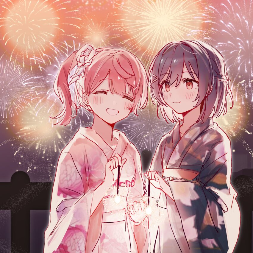 2girls, alternate_hairstyle, azhi_nagi, black_hair, closed_eyes, fireworks, hair_ornament, hairclip