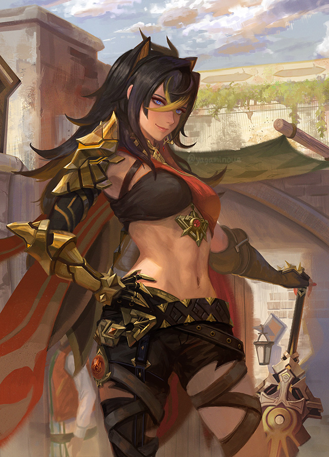 1girl, animal_ears, armor, asymmetrical_clothes, asymmetrical_legwear, belt, blonde_hair, blue_eyes, closed_mouth, cloud, commentary, crossed_bangs, dark-skinned_female, dark_skin, day, dehya_(genshin_impact), english_commentary, gauntlets, genshin_impact, hair_between_eyes, hand_on_hilt, hand_on_own_hip, holding, holding_sword, holding_weapon, lips, long_bangs, long_hair, looking_away, multicolored_hair, navel, outdoors, pants, pink_lips, planted, planted_sword, planted_weapon, shoulder_armor, single_pantsleg, sky, smile, solo, stomach, streaked_hair, sword, torn_clothes, torn_pants, twitter_username, weapon, yagaminoue