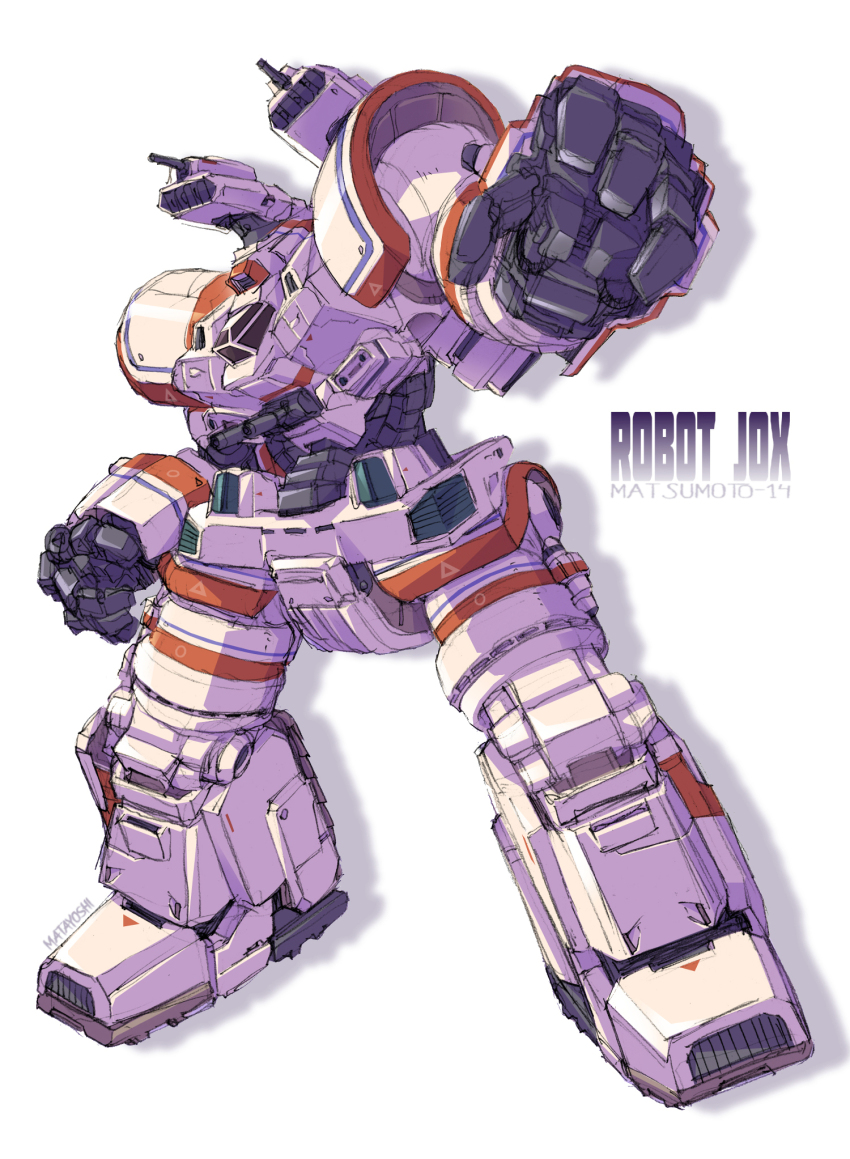 animification, artist_name, character_name, copyright_name, drop_shadow, full_body, highres, matayoshi_(nopple_1000), matsumoto_14, mecha, no_humans, open_hand, robot, robot_jox, science_fiction, shoulder_cannon