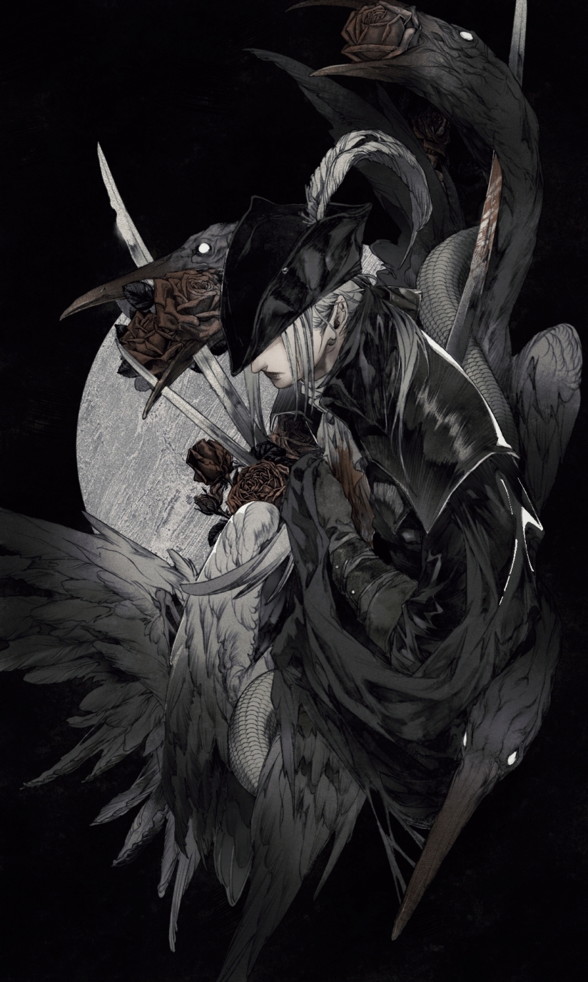 1girl, ascot, bird, black_ascot, black_background, black_cape, black_coat, black_headwear