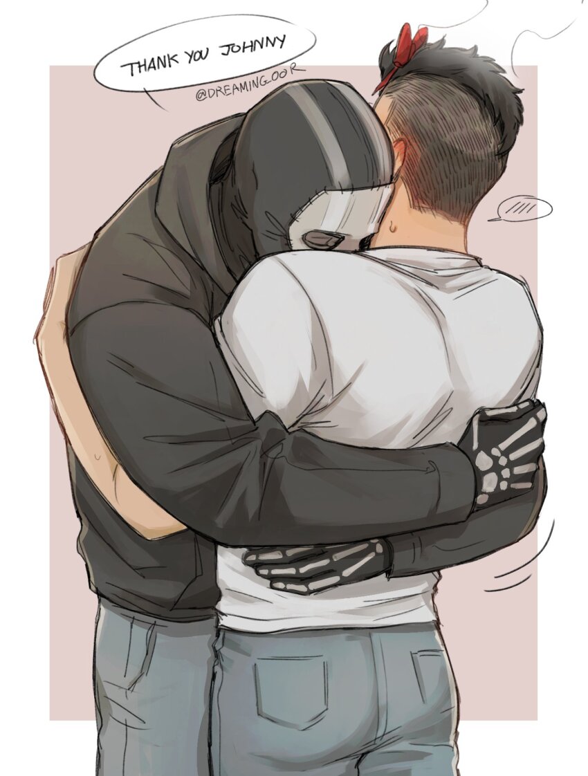 2boys, asymmetrical_hair, black_gloves, black_hair, black_jacket, blue_pants, blush, call_of_duty