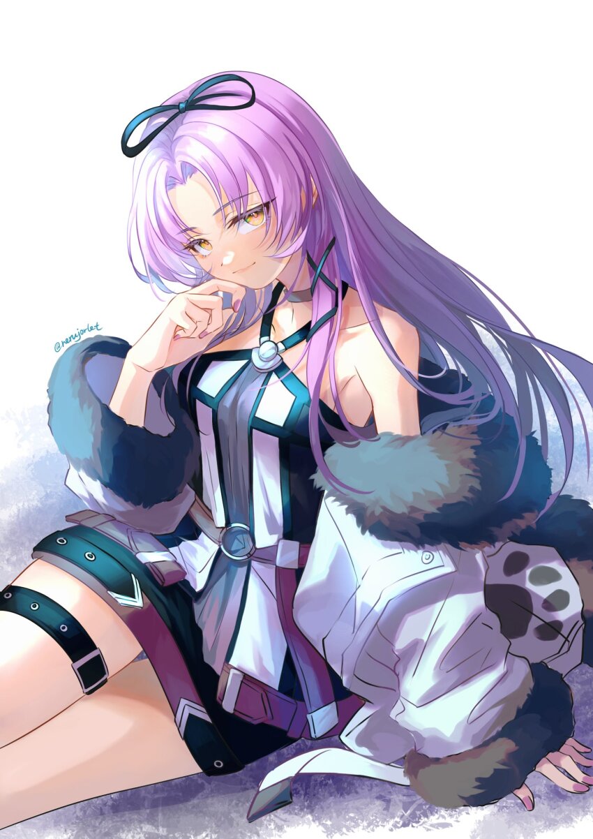 1girl, bow, choker, coat, eiyuu_densetsu, fur_collar, hair_bow, highres, kuro_no_kiseki_(series), kuro_no_kiseki_i, long_hair, looking_at_viewer, nerujorlet, purple_hair, renne_(eiyuu_densetsu), shorts, simple_background, sitting, smile, solo, sora_no_kiseki, twitter_username, yellow_eyes