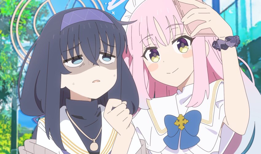 2girls, black_hair, blue_archive, blue_bow, bocchi_the_rock!, bow, cellphone, dress, hairband, halo, highres, mika_(blue_archive), multiple_girls, parody, phone, pink_hair, sailor_collar, school_uniform, selfie, shaded_face, smile, sweat, tanikomotimoti, ui_(blue_archive), white_dress