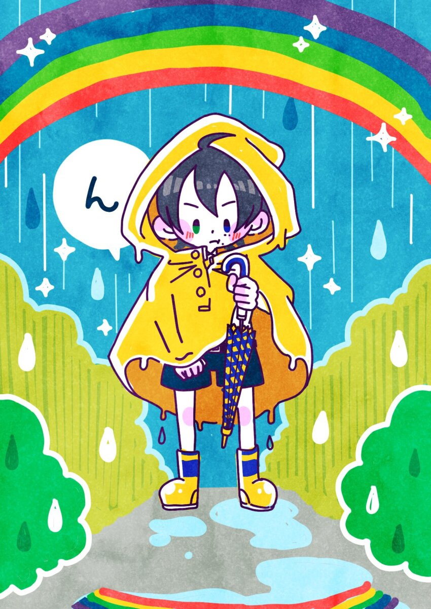 1boy, belt, black_hair, blush, boots, bush, closed_umbrella, coat, heterochromia, highres, hypnosis_mic, male_focus, mole, puddle, rain, rainbow, raincoat, rubber_boots, short_hair, shorts, solo, umbrella, uminonagisa, yamada_saburo, yellow_coat, yellow_raincoat