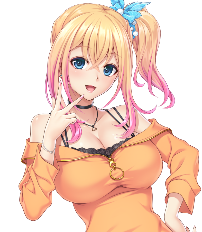 1girl, blue_eyes, blush, bow, bowtie, bra, breasts, choker, cleavage, crossed_bangs, erocas!_~papakatsu_gyaru_no_wana~, eyebrows_hidden_by_hair, female_focus, fujimiya_haruka, game_cg, hair_ornament, hair_scrunchie, hand_on_own_hip, happy, large_breasts, light_blush, looking_at_viewer, multicolored_hair, off_shoulder, open_mouth, original, scrunchie, side_ponytail, simple_background, smile, solo, striped_bow, tachi-e, transparent_background, two-tone_hair, underwear, upper_body, w, yoshino_keiko, zipper