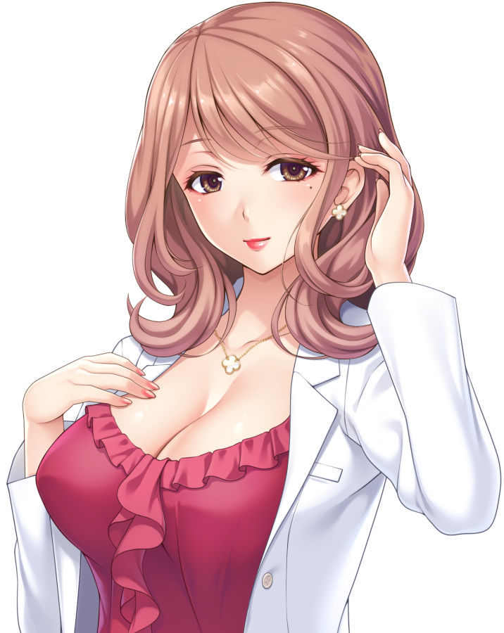 1girl, adjusting_hair, blush, breasts, brown_eyes, brown_hair, cleavage, closed_mouth, erocas!_~papakatsu_gyaru_no_wana~, eyebrows_hidden_by_hair, female_focus, game_cg, hand_on_own_chest, hand_up, jewelry, lab_coat, large_breasts, light_blush, light_smile, looking_at_viewer, medium_hair, necklace, original, saitou_machiko_(erocas), simple_background, solo, tachi-e, transparent_background, upper_body, yoshino_keiko