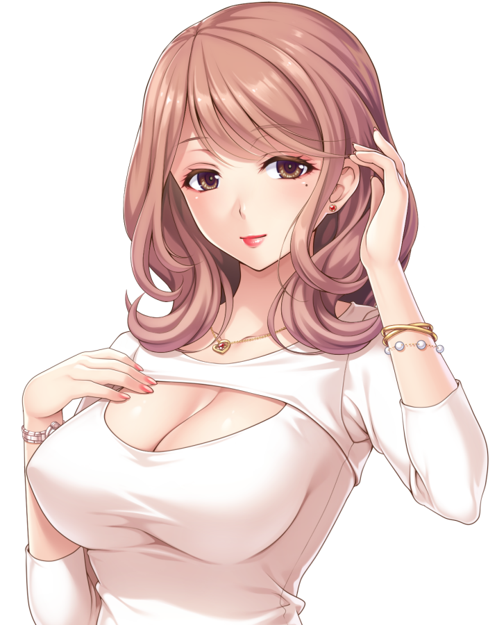 1girl, adjusting_hair, blush, breasts, brown_eyes, brown_hair, cleavage, cleavage_cutout, closed_mouth, clothing_cutout, erocas!_~papakatsu_gyaru_no_wana~, eyebrows_hidden_by_hair, female_focus, game_cg, hand_on_own_chest, hand_up, jewelry, large_breasts, light_blush, light_smile, looking_at_viewer, medium_hair, mole, mole_under_eye, necklace, original, saitou_machiko_(erocas), simple_background, solo, tachi-e, transparent_background, upper_body, yoshino_keiko