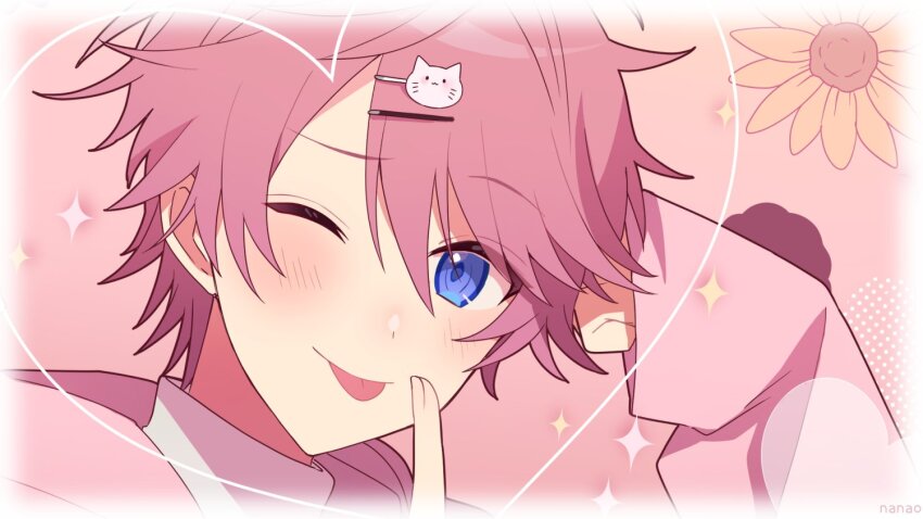 1boy, artist_name, blue_eyes, blush, cardigan, cat_hair_ornament, close-up, collared_shirt, commentary, flower, framed, hair_ornament, hairpin, halftone, hand_on_own_head, head_tilt, heart, hood, hood_down, hooded_jacket, jacket, kawaikute_gomen_(honeyworks), long_bangs, long_sleeves, looking_at_viewer, male_focus, nanao3_rkgk, nose_blush, one_eye_closed, pink_background, pink_cardigan, pink_hair, pink_jacket, pink_theme, portrait, satomi_(stpri), shirt, short_hair, sleeves_past_wrists, smile, spiked_hair, strawberry_prince, tongue, tongue_out, upper_body, white_shirt