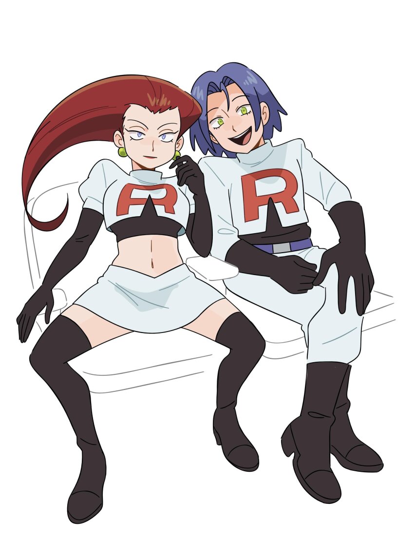 1boy, 1girl, :d, absurdres, black_footwear, blue_eyes, blue_hair, breasts, crossed_legs, earrings, full_body, green_eyes, green_line_test_(meme), highres, james_(pokemon), jessie_(pokemon), jewelry, kiana_mai, long_hair, looking_at_viewer, medium_breasts, meme, midriff, miniskirt, navel, nintendo, open_mouth, pants, photo-referenced, pokemon, pokemon_(anime), puffy_short_sleeves, puffy_sleeves, short_sleeves, sitting, skirt, smile, spread_legs, team_rocket, white_pants, white_skirt