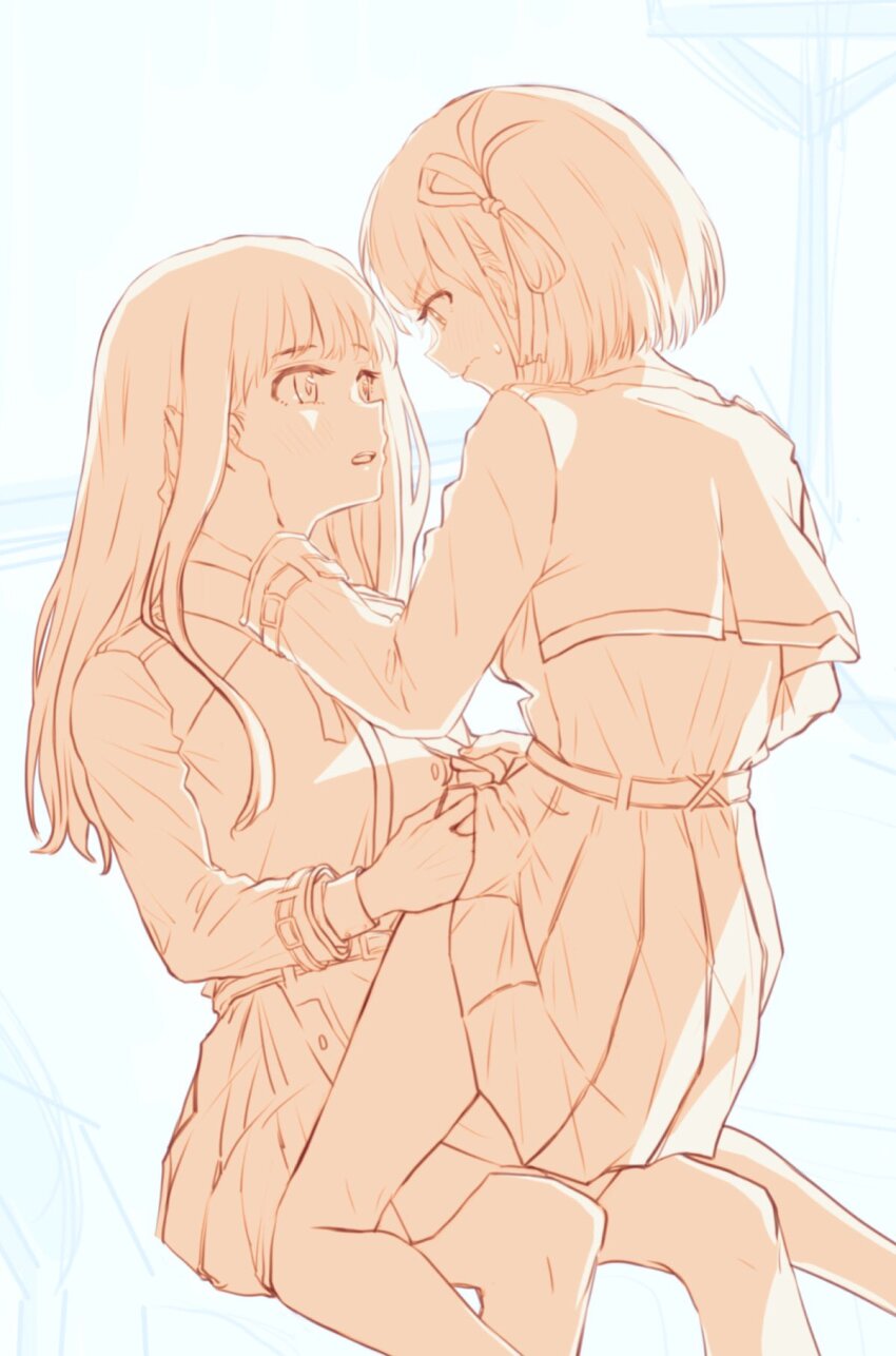 2girls, anisphia_wynn_palettia, blunt_bangs, blush, breasts, dress, euphyllia_magenta, eye_contact