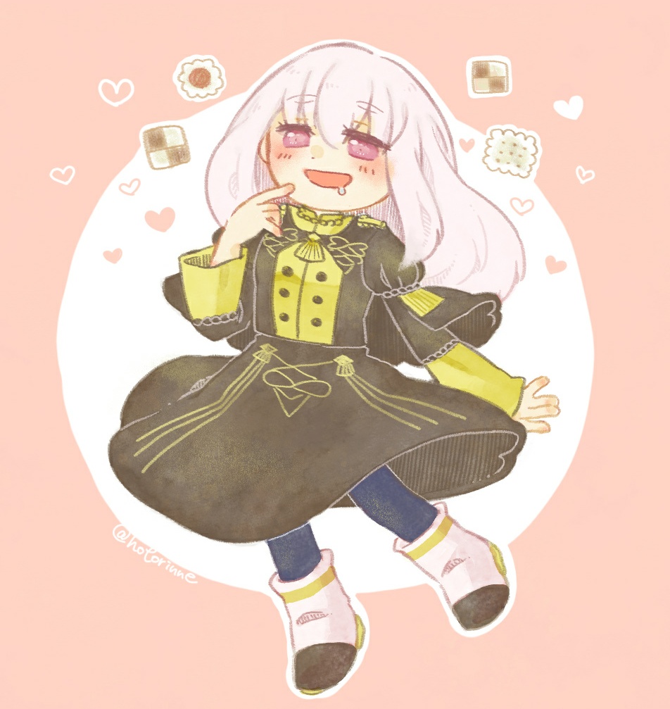 1girl, black_dress, blue_pantyhose, blush, boots, cc56, cookie, dot_nose, dress, drooling, eyelashes, fire_emblem, fire_emblem:_three_houses, food, garreg_mach_monastery_uniform, long_hair, long_sleeves, lysithea_von_ordelia, mouth_drool, nintendo, pantyhose, purple_eyes, solo, white_boots, white_hair