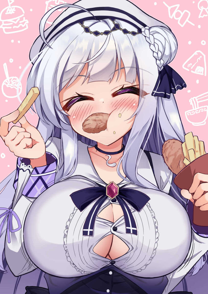 1girl, absurdres, azur_lane, blush, breasts, brooch, button_gap, choker, closed_eyes, commission, cygnet_(azur_lane), cygnet_(retrofit)_(azur_lane), eating, fish_(food), fish_and_chips, food, food_in_mouth, food_on_face, french_fries, hair_bun, hat, highres, jewelry, large_breasts, long_hair, mikage_(shibi), mouth_hold, single_side_bun, skeb_commission, solo, upper_body, white_hair
