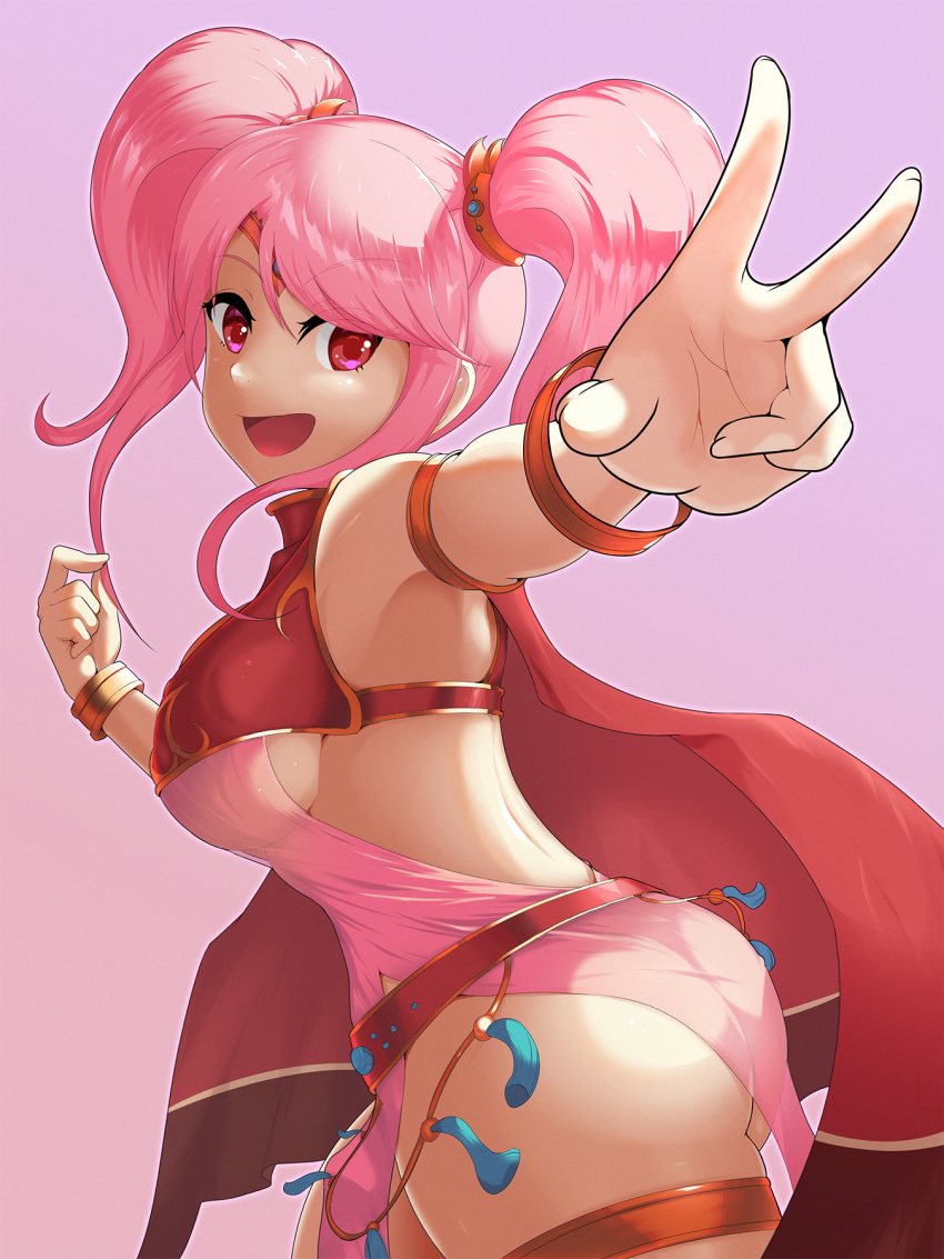 1girl, :d, alternate_costume, ass, bare_shoulders, breasts, cosplay, fire_emblem, fire_emblem_echoes:_shadows_of_valentia, fire_emblem_heroes, foreshortening, highres, keldancon, linde_(fire_emblem), linde_(fire_emblem)_(cosplay), linde_(khadein)_(fire_emblem), looking_at_viewer, looking_back, mae_(fire_emblem), medium_breasts, nintendo, open_mouth, outstretched_arm, pelvic_curtain, pink_background, pink_eyes, pink_hair, sideboob, simple_background, smile, solo, thigh_strap, twintails, v