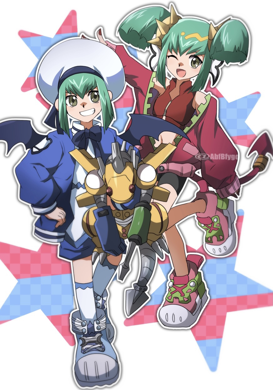 1boy, 1girl, :d, abfbfygo, adapted_costume, bare_shoulders, bike_shorts, blue_bow