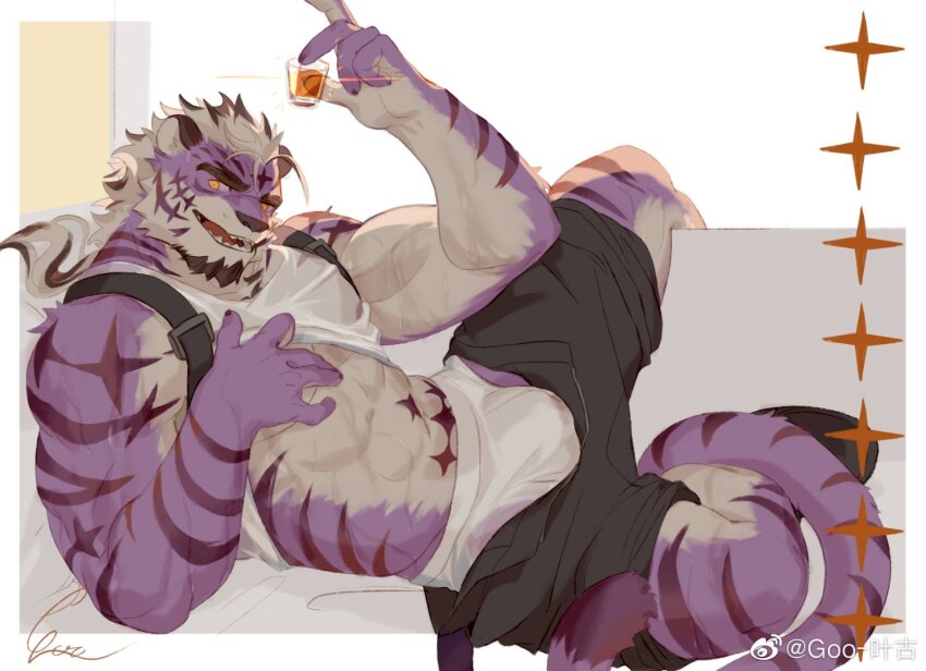 1boy, abs, bara, bare_pectorals, black_shorts, briefs, bulge, chest_belt, clothes_lift, commission, couch, cup, diamond_(shape), facial_hair, forked_eyebrows, furry, furry_male, goatee, goo_(koushishikou11), holding, holding_cup, large_pectorals, leg_up, lifting_own_clothes, long_hair, looking_at_viewer, lying, male_focus, male_underwear, male_underwear_peek, multicolored_hair, muscular, muscular_male, navel, nipples, on_couch, on_side, open_clothes, open_shorts, original, pectorals, ponytail, purple_fur, sadiend, seductive_smile, see-through_clothes, shirt, shirt_lift, shorts, smile, solo, stomach, streaked_hair, tank_top, thick_eyebrows, tiger_boy, two-tone_fur, underpec, underwear, undressing, wet, wet_clothes, wet_shirt, white_hair, white_male_underwear, white_tank_top