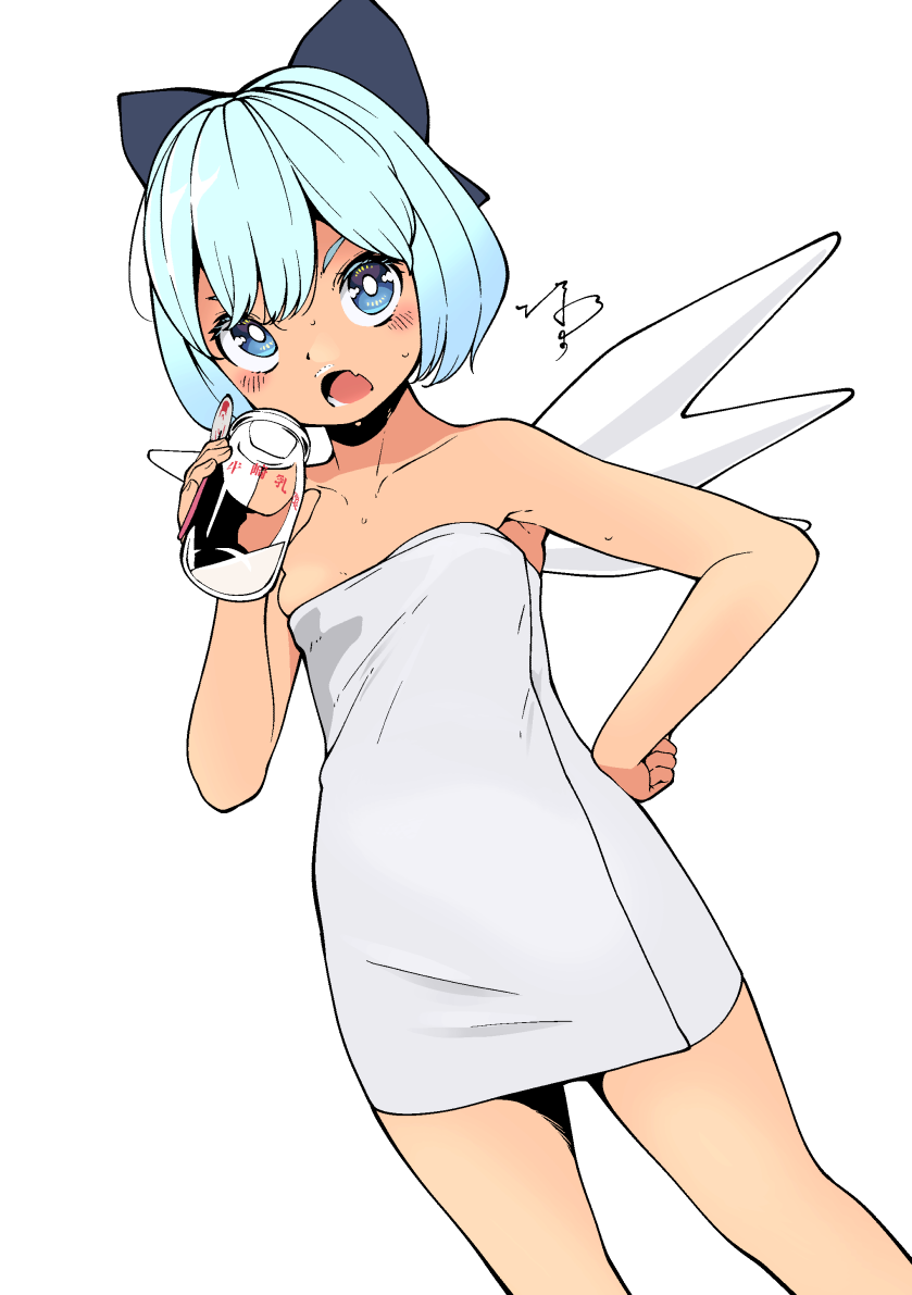 1girl, blue_eyes, blue_hair, bottle, bow, breasts, cirno, commentary_request