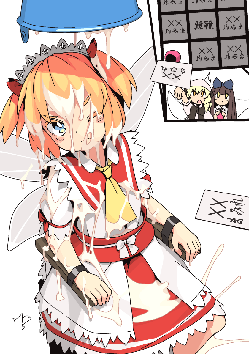 3girls, ascot, blonde_hair, blue_eyes, bound, bow, brown_hair, bucket, bukkake, chair, commentary_request, cum, fairy_wings, frown, hair_bow, hat, huxiao_(mistlakefront), loli, luna_child, messy, multiple_girls, one_eye_closed, orange_eyes, orange_hair, red_skirt, restrained, sign, sitting, skirt, star_sapphire, suggestive_fluid, sunny_milk, touhou, translated, two_side_up, white_liquid, wings, yellow_ascot, yellow_eyes