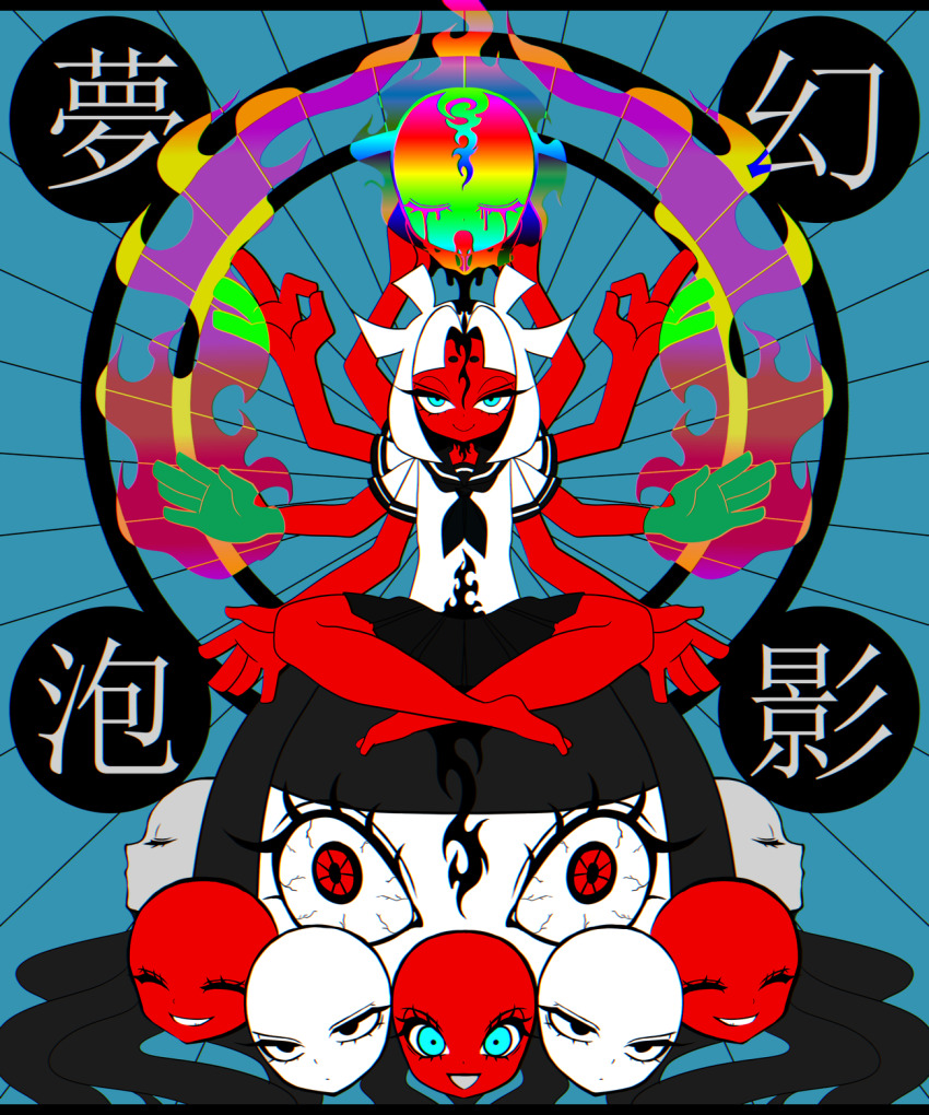 1girl, black_blood, black_hair, blood, blood_on_face, bloodshot_eyes, bloody_tears, blue_background