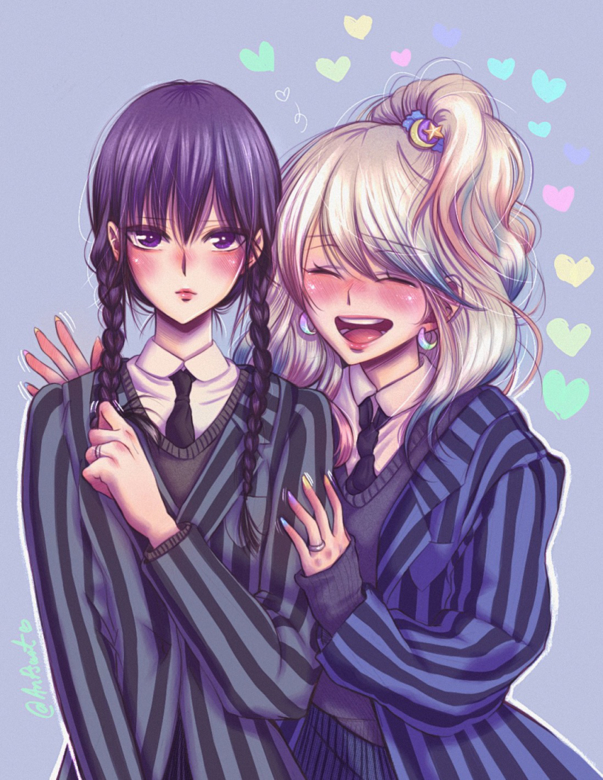 2girls, :d, ^_^, the_addams_family, aihara_mei, aihara_yuzu, anpsart, black_necktie, blonde_hair, blue_jacket, braid, citrus_(saburouta), closed_eyes, cosplay, crossover, earrings, enid_sinclair, enid_sinclair_(cosplay), expressionless, fingernails, gyaru, highres, hoop_earrings, jacket, jewelry, looking_at_viewer, multicolored_hair, multiple_girls, necktie, open_mouth, purple_eyes, purple_hair, ring, simple_background, smile, step-siblings, striped_clothes, striped_jacket, twin_braids, twitter_username, two-tone_hair, upper_body, wedding_ring, wednesday_(netflix), wednesday_addams