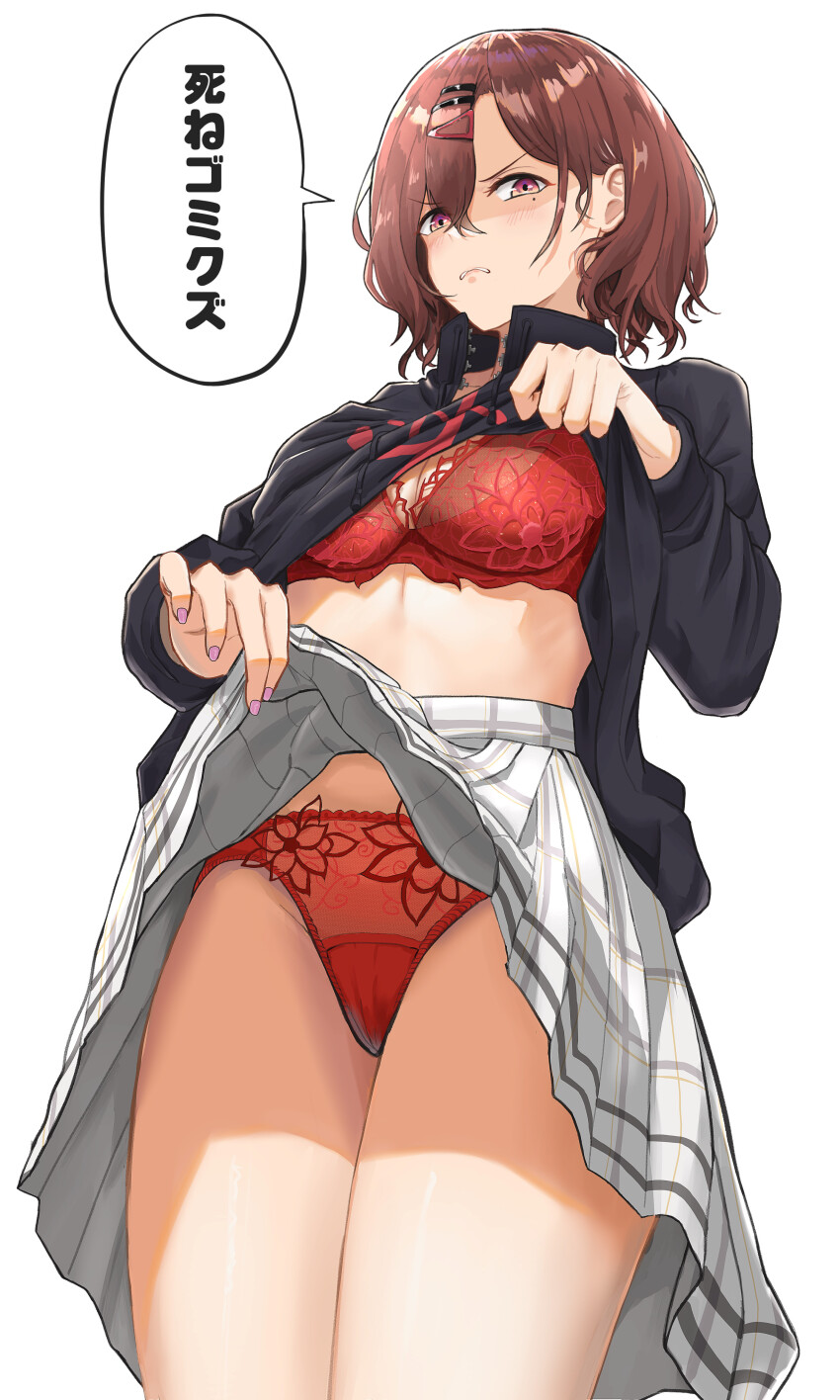 1girl, absurdres, ayloss, black_shirt, bra, breasts, brown_hair, cleavage, clothes_lift, commentary_request, disgust, fingernails, frown, grey_skirt, highres, higuchi_madoka, idolmaster, idolmaster_shiny_colors, iya_na_kao_sare_nagara_opantsu_misete_moraitai_yo_wa_pantsu_ga_mitai_zo, looking_at_viewer, medium_breasts, mole, mole_under_eye, nail_polish, panties, red_bra, red_eyes, red_panties, shirt, shirt_lift, simple_background, skirt, skirt_lift, solo, speech_bubble, translated, underwear, white_background