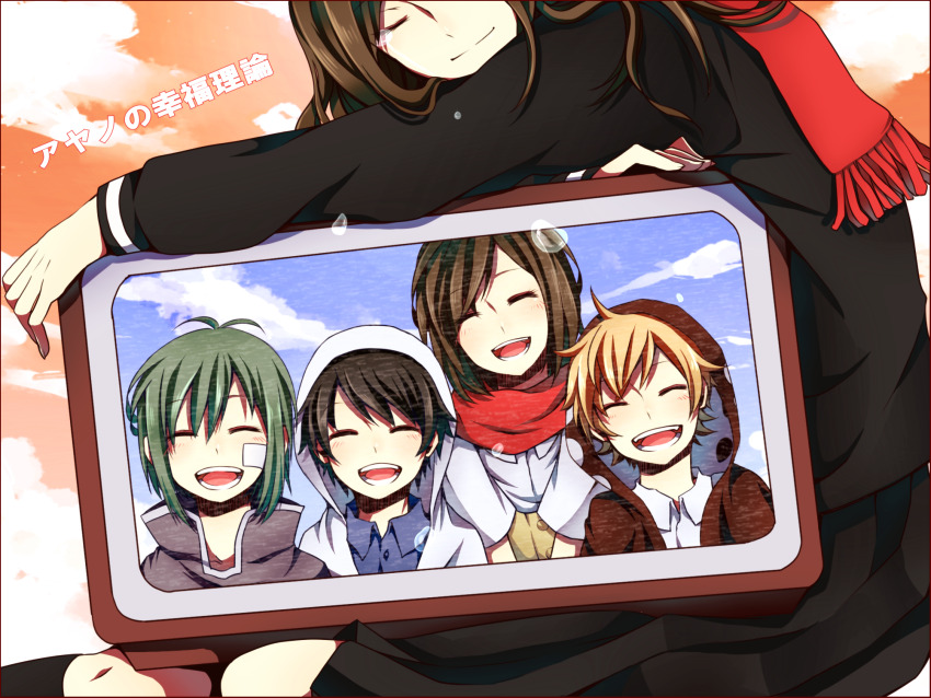 2boys, 2girls, aged_down, arm_rest, ayano_no_koufuku_riron_(vocaloid), bandage_on_face, bandages, black_hair