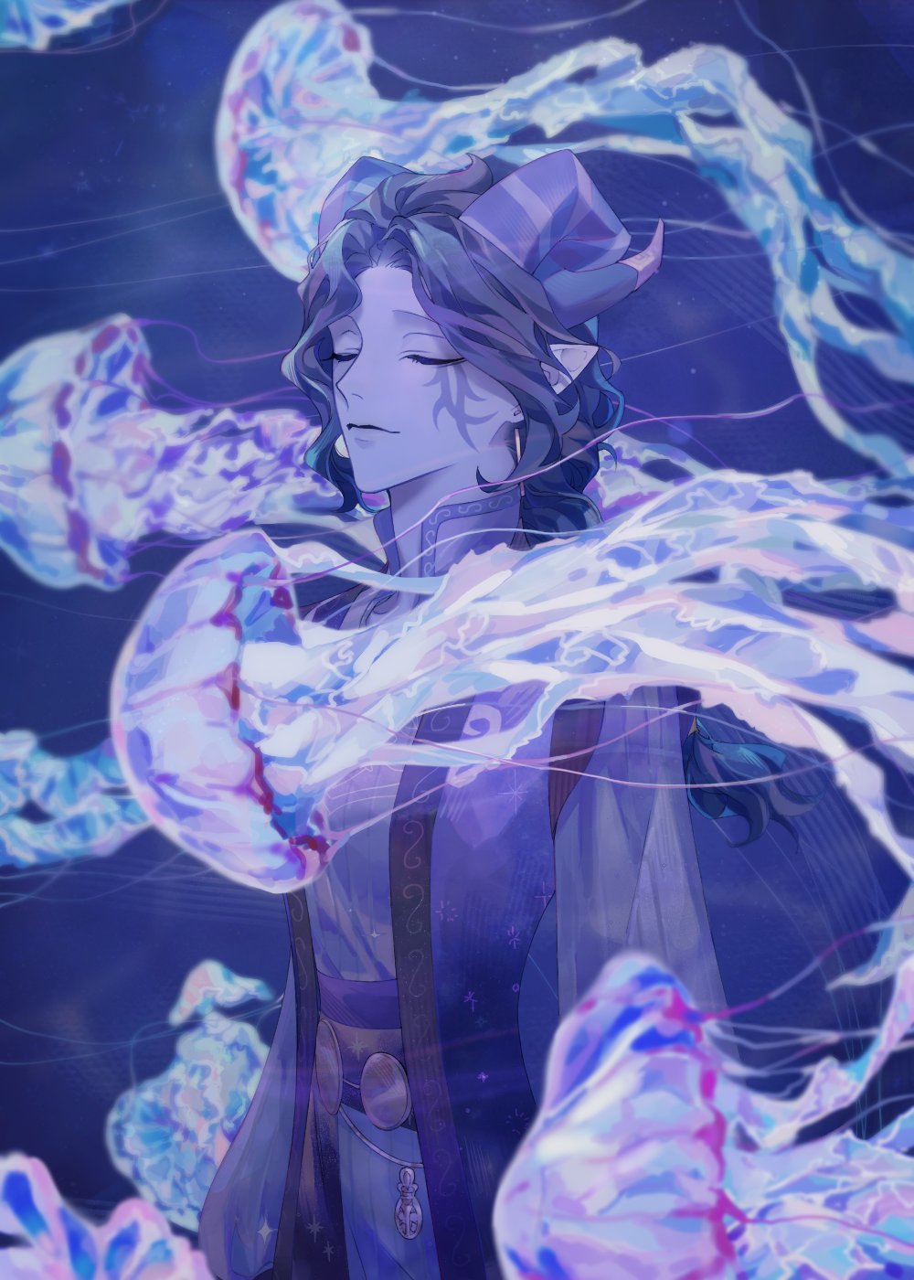 1boy, blue_coat, blue_hair, blue_pants, blue_shirt, blue_skin, blurry, braid