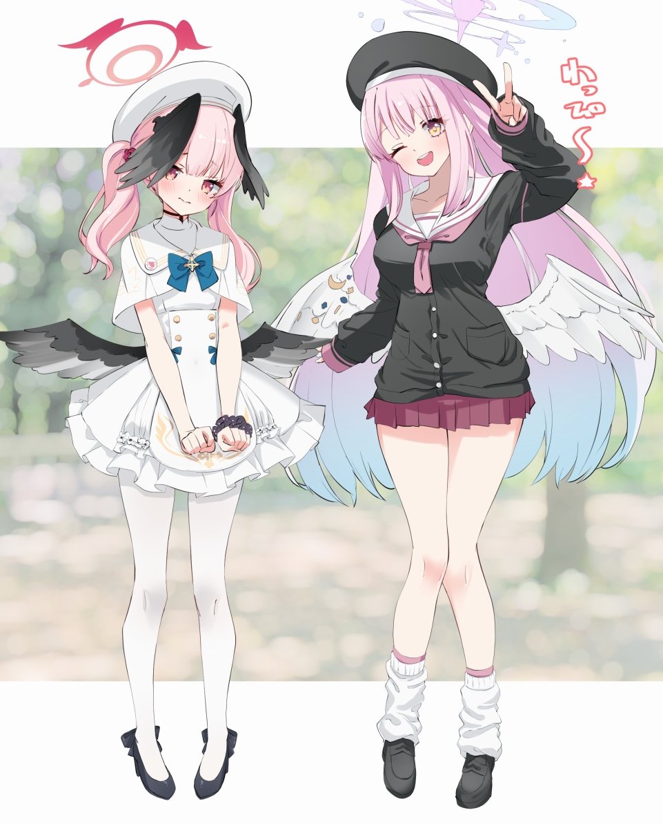 2girls, ;d, beret, black_cardigan, blue_archive, blurry, blurry_background, blush