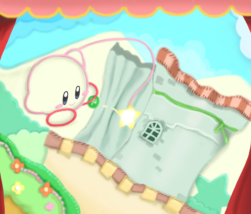 blue_eyes, kirby, kirby's_epic_yarn, kirby_(series), nintendo, no_humans, re_k_(erakunai.jp), smile, star_(symbol), whip, yarn_kirby