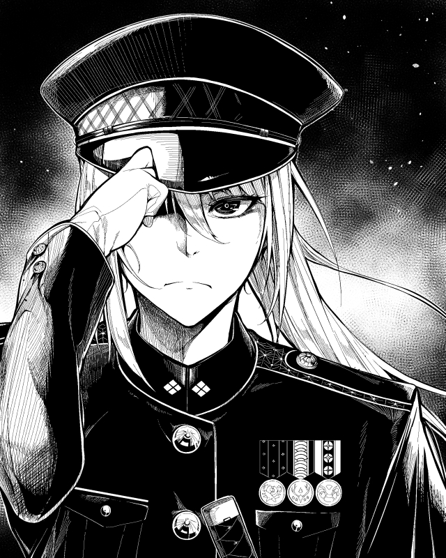 1girl, adjusting_clothes, adjusting_headwear, frown, gloves, hair_between_eyes, hat, high_collar