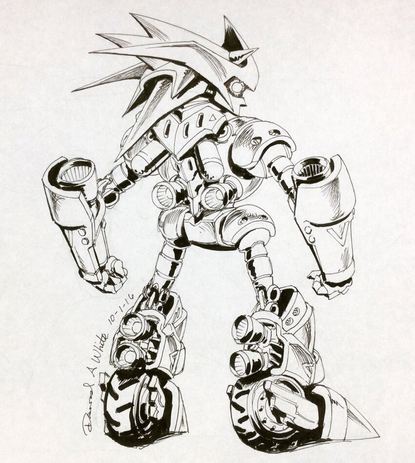 artist_name, clenched_hands, dated, david_a_white, from_behind, greyscale, highres, humanoid_robot, ink_(medium), looking_at_viewer, looking_back, mecha_sonic, monochrome, no_humans, robot, science_fiction, sonic_&amp;_knuckles, sonic_(series), sonic_the_hedgehog_(classic), thrusters, traditional_media, wheel