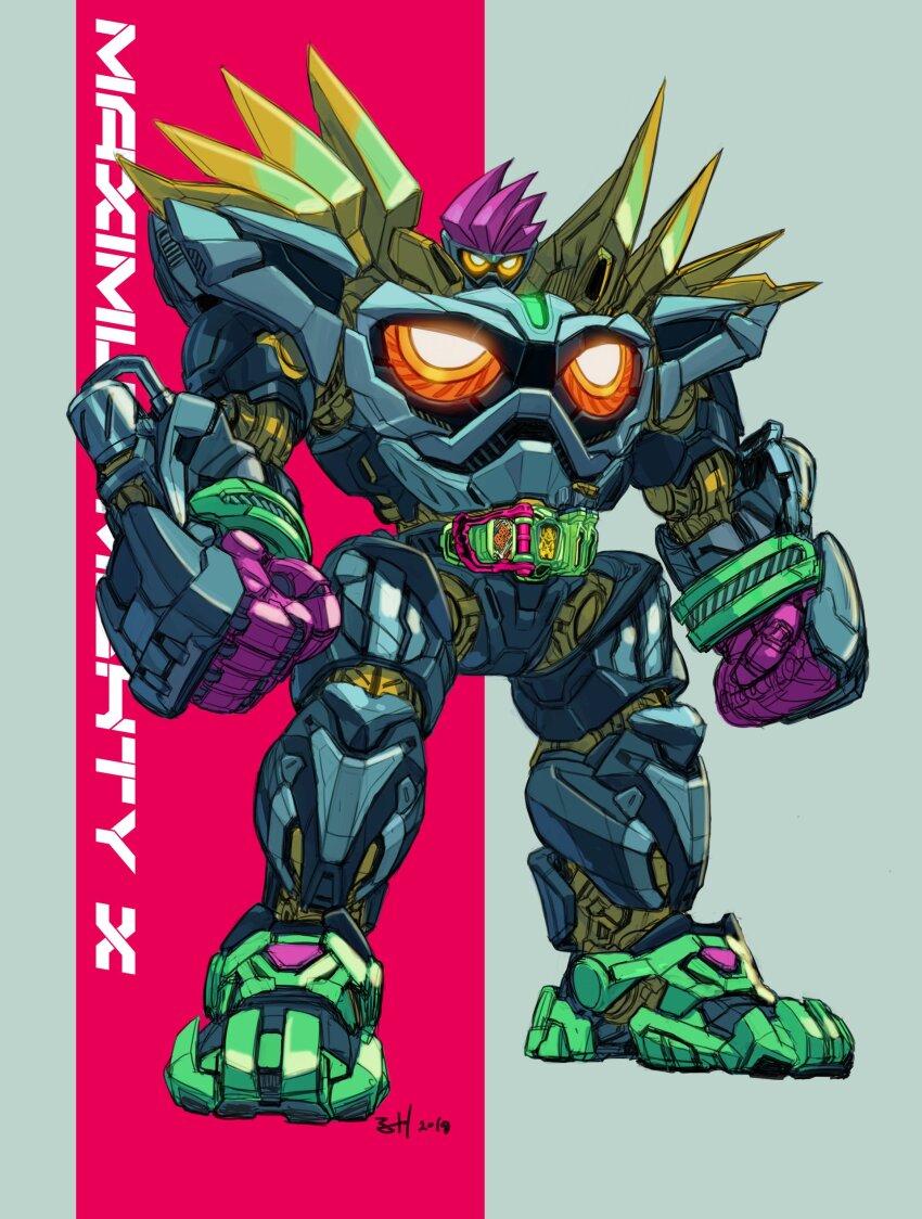 1boy, 2018, absurdres, belt, clenched_hands, commentary, english_commentary, glowing, glowing_eyes, helmet, highres, jong_hwan, kamen_rider, kamen_rider_ex-aid, kamen_rider_ex-aid_(series), korean_commentary, looking_ahead, male_focus, maximum_gamer_level_99, mecha, mixed-language_commentary, orange_eyes, robot, solo, tokusatsu