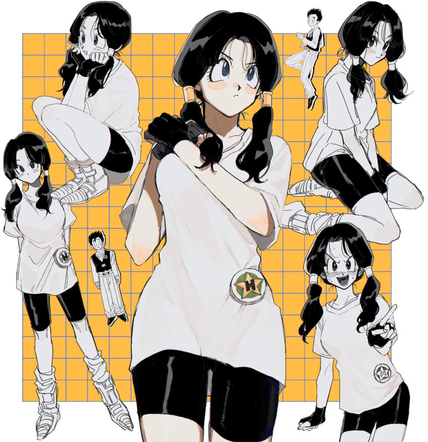 1boy, 1girl, bike_shorts, black_gloves, black_hair, black_shorts, breasts, dragon_ball, dragonball_z, fingerless_gloves, full_body, gloves, hair_tubes, hands_on_own_cheeks, hands_on_own_face, highres, hirekatsu_(kmrkbs), kneeling, medium_breasts, multiple_views, pointing, pointing_at_viewer, shirt, shorts, son_gohan, squatting, twintails, videl, white_shirt