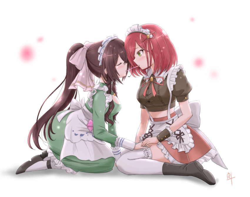 2girls, ankle_strap, apron, arm_at_side, artist_name, assault_lily, black_footwear, black_shirt