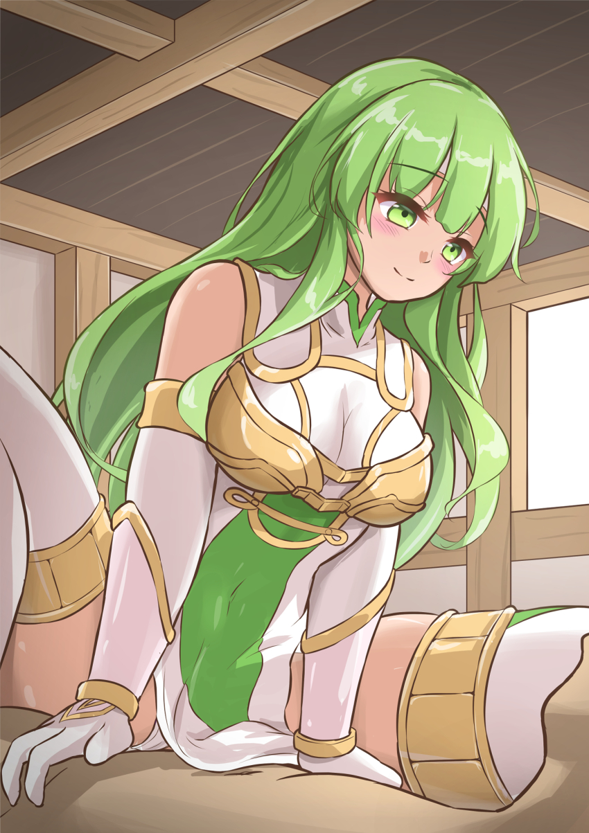 1boy, 1girl, aose_saratoga, bare_shoulders, blush, breasts, clothed_female_nude_male, commentary_request, dress, elbow_gloves, fire_emblem, fire_emblem:_shadow_dragon_and_the_blade_of_light, fire_emblem_heroes, gloves, green_eyes, green_hair, highres, indoors, large_breasts, long_hair, nintendo, nude, official_alternate_costume, palla_(fire_emblem), panties, sitting, sleeveless, sleeveless_dress, smile, spread_legs, thighhighs, thighs, underwear, very_long_hair, white_dress, white_gloves, white_panties, white_thighhighs