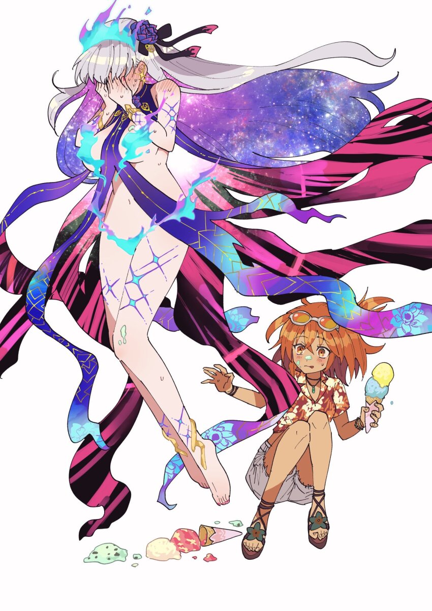 2girls, ahoge, bare_shoulders, blue_fire, blue_hair, blush, body_markings, bracelet, breasts, covering_face, earrings, eyewear_on_head, f7_(000000f7), fate/grand_order, fate_(series), fire, floral_print, flower, food, fujimaru_ritsuka_(female), fujimaru_ritsuka_(female)_(tropical_summer), hair_flower, hair_ornament, hair_ribbon, hair_scrunchie, hawaiian_shirt, highres, ice_cream, ice_cream_cone, jewelry, kama_(adult)_(fate), kama_(fate), kama_(swimsuit_avenger)_(third_ascension)_(fate), kama_(third_ascension)_(fate), large_breasts, licking_lips, long_hair, lotus, medium_breasts, midriff, multicolored_hair, multiple_girls, navel, necklace, one_side_up, orange_eyes, orange_hair, orange_scrunchie, red_shirt, revealing_clothes, ribbon, sandals, scrunchie, shirt, short_hair, short_shorts, shorts, smile, spoon, star_(symbol), star_earrings, sunglasses, tied_shirt, tongue, tongue_out, two-tone_hair, white_hair, white_shorts