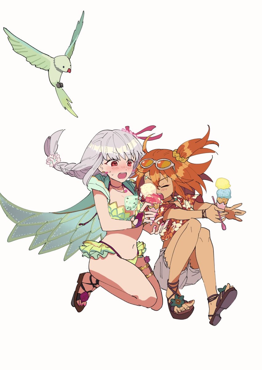 2girls, ahoge, armlet, bare_shoulders, bikini, bird, blush, bracelet