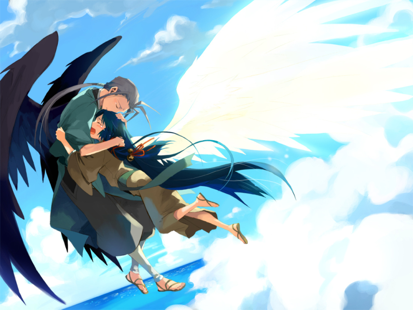 00s, air_(visual_novel), black_wings, blue_hair, closed_eyes, comforting, hand_on_head, head_rest