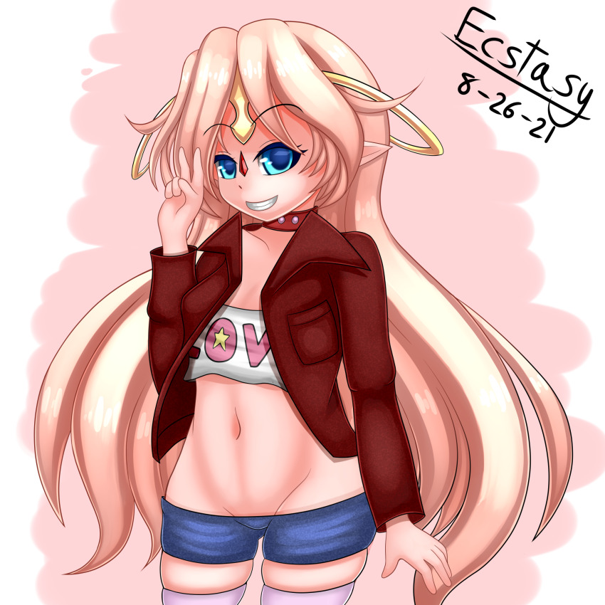 1girl, aged_down, angel, blonde_hair, blue_eyes, breasts, choker, cleavage, cosplay, cowboy_shot, denim, denim_shorts, ecstasy_(icyblue), female_focus, grin, halo, highres, ilias, jacket, kokonoe_rin, kokonoe_rin_(cosplay), loli, long_hair, long_sleeves, looking_at_viewer, midriff, mon-musu_quest!, groin, navel, no_bra, no_panties, pointy_ears, red_jacket, revealing_clothes, shorts, signature, small_breasts, smile, solo, standing, strapless, thick_thighs, thighhighs, thighs, tiara, tube_top, v, very_long_hair, wide_hips