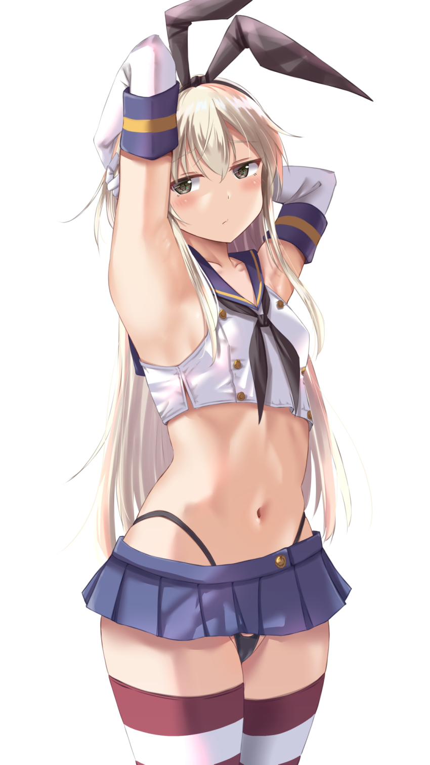 1girl, armpits, arms_up, black_hairband, black_neckerchief, black_panties, blonde_hair, blush