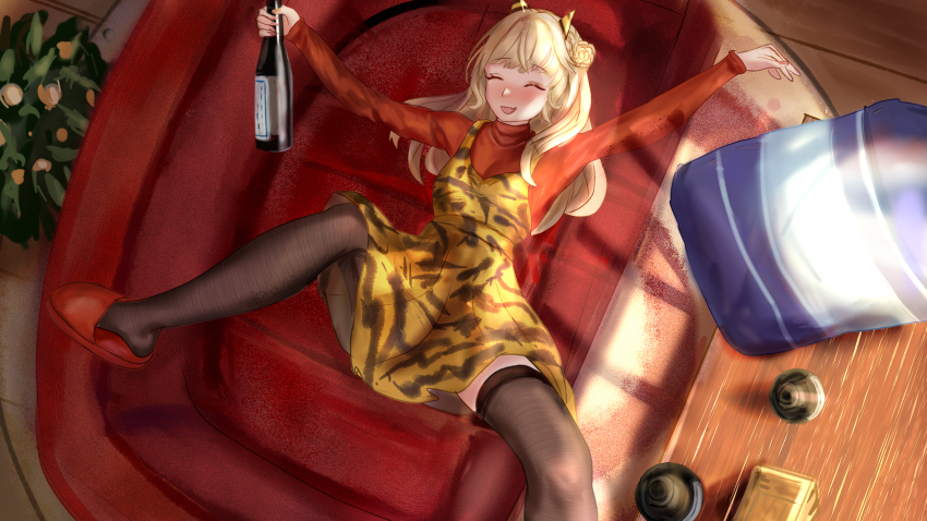 1girl, absurdres, animal_print, black_thighhighs, bottle, closed_eyes, commentary, couch