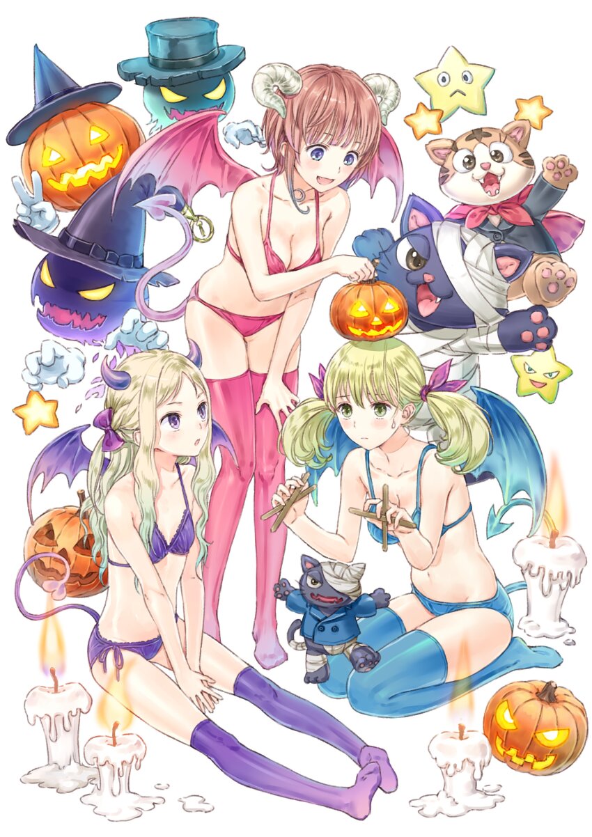 3girls, absurdres, aranya_(atelier), atelier_(series), atelier_rorona, bandages, between_legs, bikini, blue_bikini, blue_eyes, blue_thighhighs, blue_wings, blush, breasts, brown_hair, candle, cat, commentary_request, cuderia_von_feuerbach, demon_horns, demon_tail, demon_wings, full_body, green_eyes, halloween, halloween_costume, hand_between_legs, hat, highres, horns, horoholo_(atelier), kishida_mel, lionela_heinze, long_hair, looking_at_another, marionette, medium_breasts, multiple_girls, official_art, open_mouth, pink_bikini, pink_thighhighs, pink_wings, pumpkin, pumpkin_on_head, puppet, purple_bikini, purple_eyes, purple_thighhighs, purple_wings, rorolina_frixell, seiza, short_hair, side-tie_bikini_bottom, sidelocks, sitting, small_breasts, smile, star_(symbol), sterkenburg_cranach, swimsuit, tail, thighhighs, twintails, v, white_background, wings