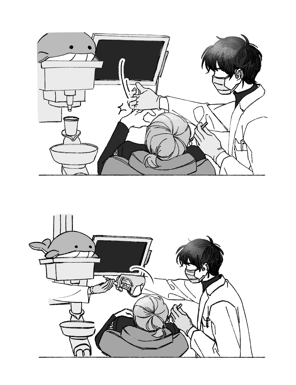 2boys, comic, commentary_request, dental_chair, dentist, eoduun_badaui_deungbul-i_doeeo, gloves, greyscale