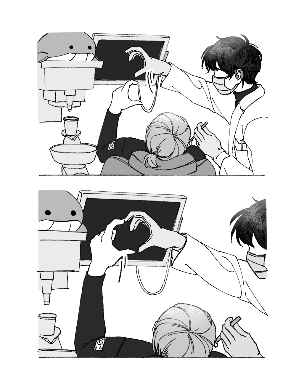 2boys, arm_up, comic, commentary_request, dental_chair, dentist, eoduun_badaui_deungbul-i_doeeo, gloves