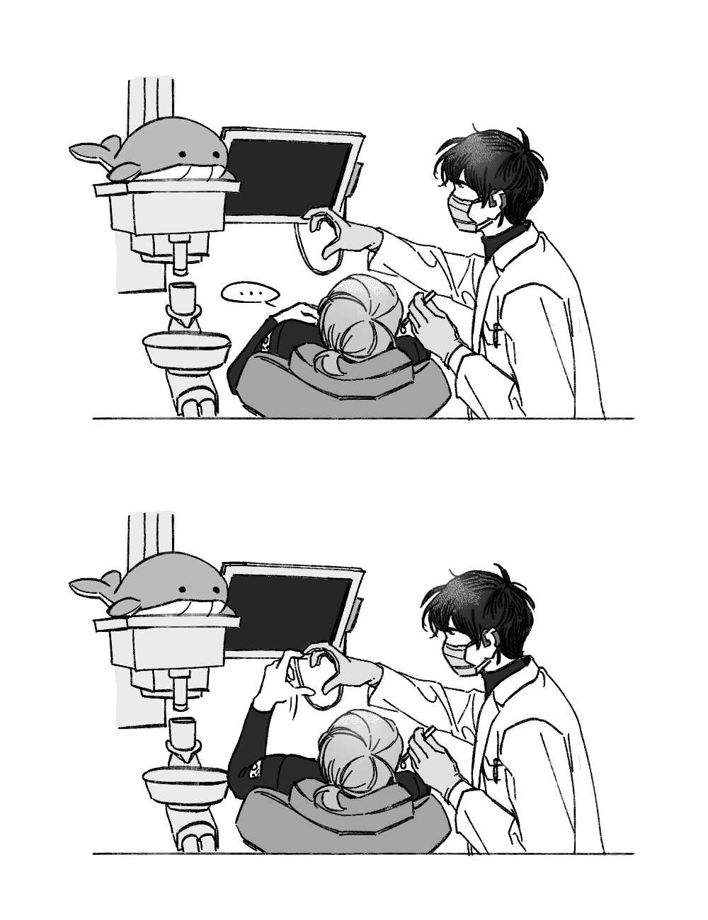 ..., 2boys, comic, commentary_request, dental_chair, dentist, eoduun_badaui_deungbul-i_doeeo, gloves
