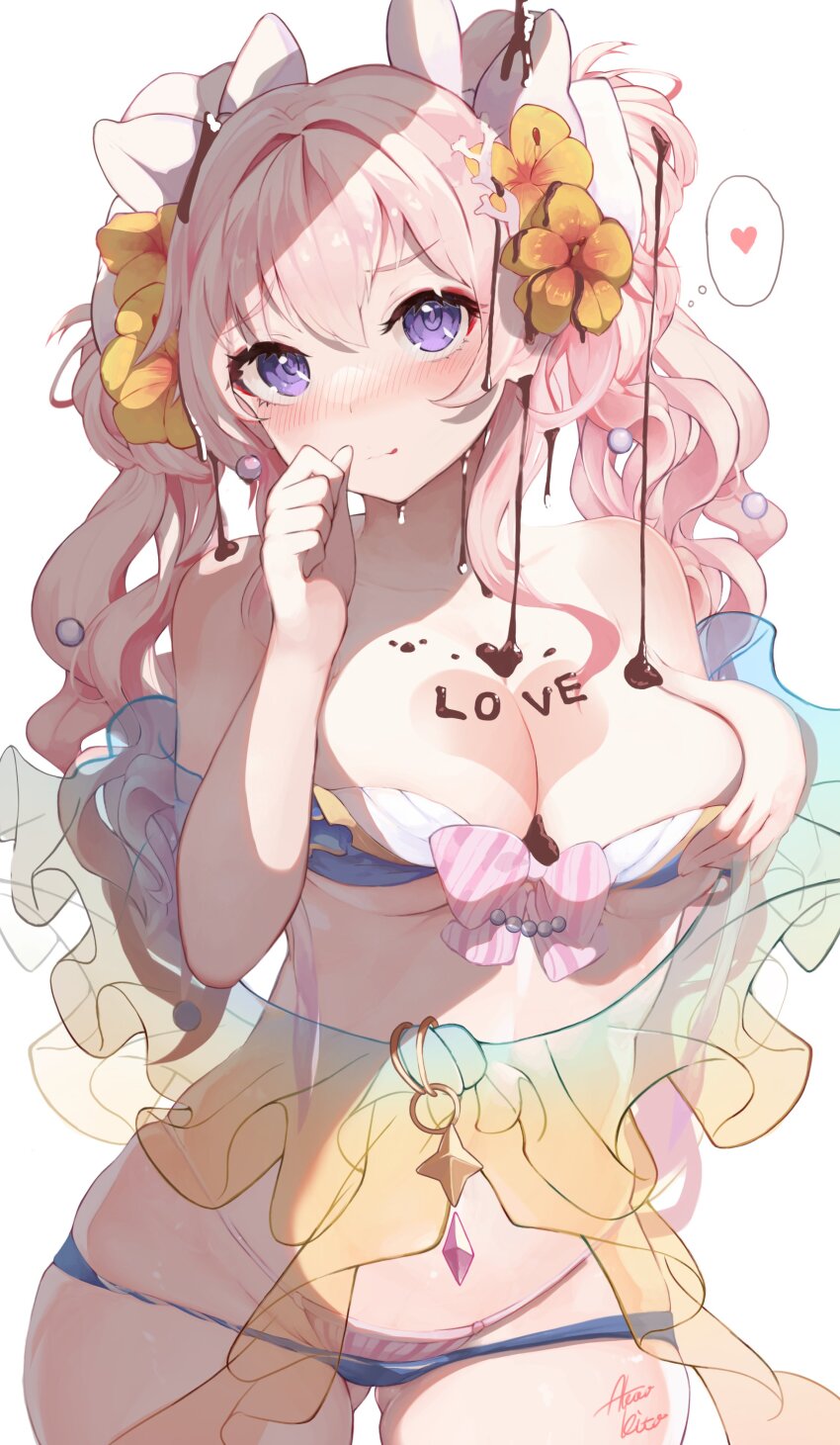 1girl, absurdres, akao_kito, bikini, blue_bikini, blush, breasts, chocolate