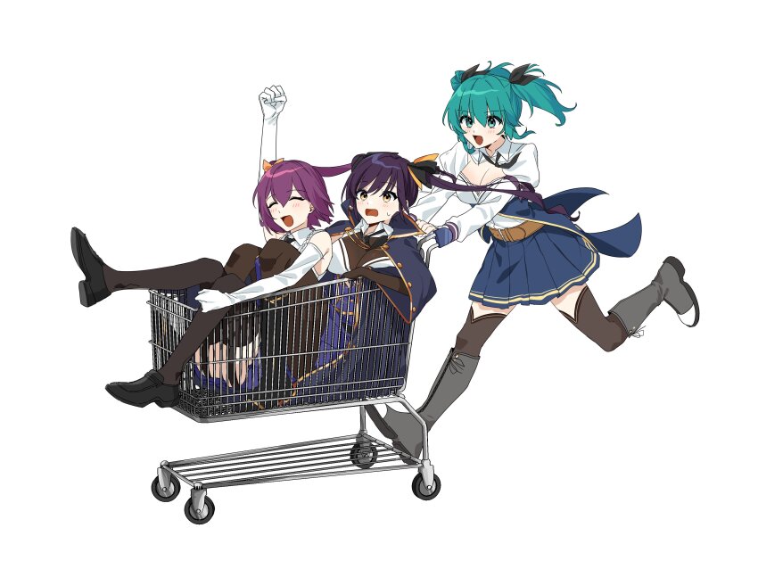 3girls, :d, ^_^, absurdres, aqua_eyes, aqua_hair, arm_rest, arm_up